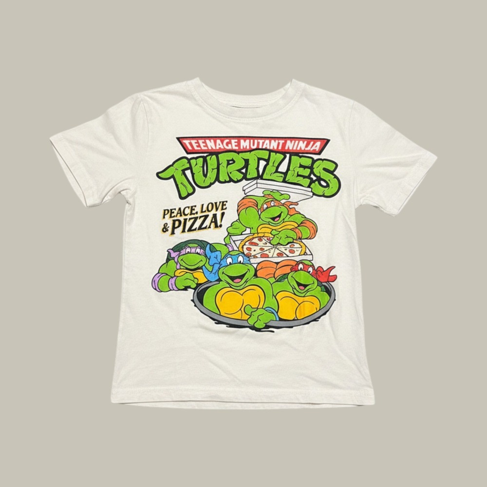 Nickelodeon TMNT Teenage Mutant Ninja Turtles Peace Love Pizza Shirt Cream 7/8